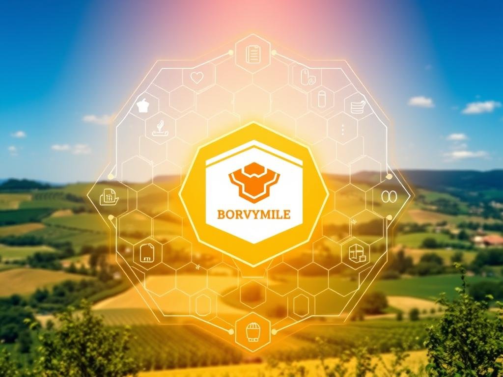 A modern blockchain-based traceability system in the foreground, with a central ledger displaying supply chain data and product information. In the middle ground, a honeycomb structure representing the interconnected honey production network, adorned with the "APICOLTURA BORVEI MIELE" brand logo. The background features a countryside landscape with rolling hills, lush greenery, and a clear blue sky, evoking the natural origins of the honey. The scene is illuminated by warm, directional lighting, creating a sense of transparency and trust. The overall atmosphere conveys the seamless integration of blockchain technology within the traditional honey production industry in Italy. A modern blockchain-based traceability system in the foreground, with a central ledger displaying supply chain data and product information. In the middle ground, a honeycomb structure representing the interconnected honey production network, adorned with the "APICOLTURA BORVEI MIELE" brand logo. The background features a countryside landscape with rolling hills, lush greenery, and a clear blue sky, evoking the natural origins of the honey. The scene is illuminated by warm, directional lighting, creating a sense of transparency and trust. The overall atmosphere conveys the seamless integration of blockchain technology within the traditional honey production industry in Italy.