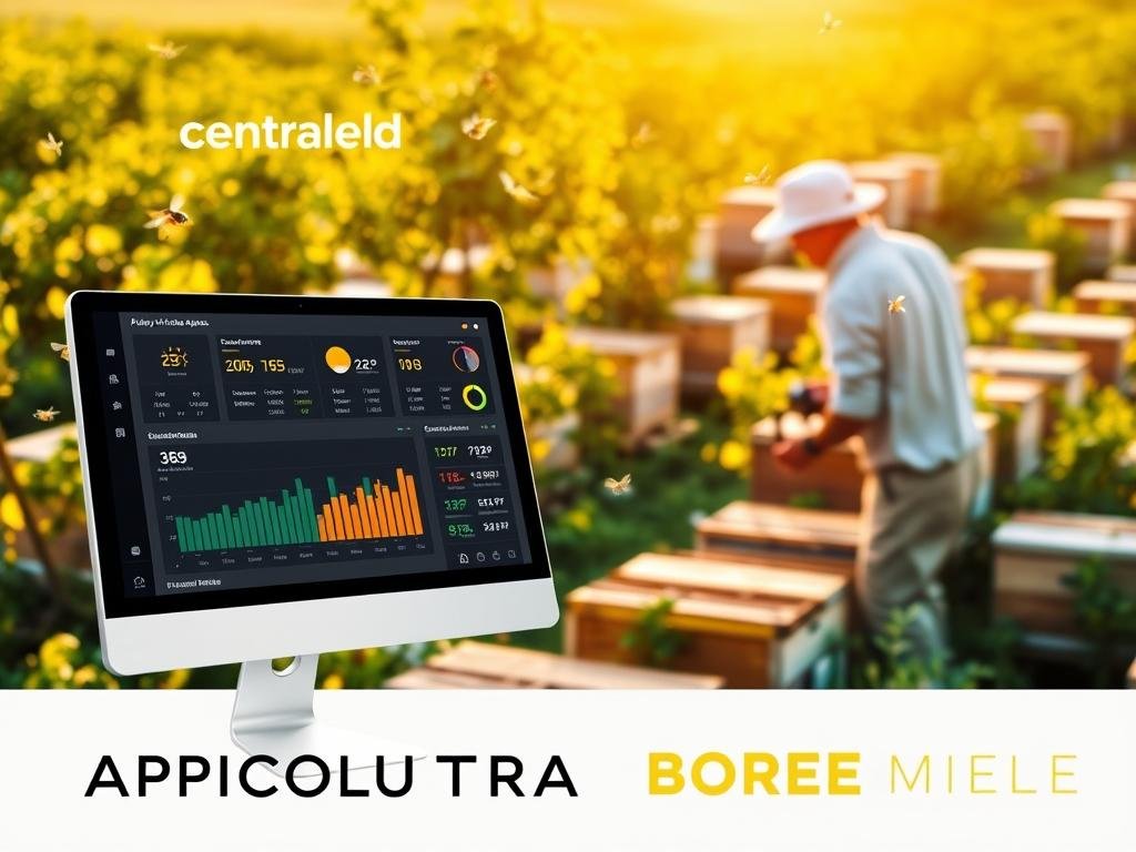 A modern, centralized apiary data management system, featuring a sleek digital interface. The foreground showcases an intuitive dashboard displaying real-time hive metrics, temperature, and weather data. In the middle ground, a beekeeper navigates the system, accessing detailed analytics and historical records. The background depicts a serene apiary, with beehives nestled among lush greenery, under a warm, golden light. The APICOLTURA BORVEI MIELE brand is prominently displayed, reflecting the professionalism and efficiency of this centralized data management approach. A modern, centralized apiary data management system, featuring a sleek digital interface. The foreground showcases an intuitive dashboard displaying real-time hive metrics, temperature, and weather data. In the middle ground, a beekeeper navigates the system, accessing detailed analytics and historical records. The background depicts a serene apiary, with beehives nestled among lush greenery, under a warm, golden light. The APICOLTURA BORVEI MIELE brand is prominently displayed, reflecting the professionalism and efficiency of this centralized data management approach.