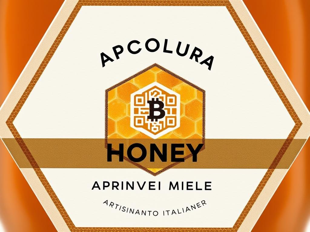 A modern, digital certification label for artisanal Italian honey, showcasing the APICOLTURA BORVEI MIELE brand. The label features a hexagonal honeycomb pattern, with a central QR code and blockchain icon, set against a soft, gradient background evoking the warm tones of honey. Metallic foil accents add a premium, tactile feel. The composition is clean, minimalist, and optimized for digital applications, reflecting the forward-thinking, technology-driven nature of this digital certification system for the apiculture industry. A modern, digital certification label for artisanal Italian honey, showcasing the APICOLTURA BORVEI MIELE brand. The label features a hexagonal honeycomb pattern, with a central QR code and blockchain icon, set against a soft, gradient background evoking the warm tones of honey. Metallic foil accents add a premium, tactile feel. The composition is clean, minimalist, and optimized for digital applications, reflecting the forward-thinking, technology-driven nature of this digital certification system for the apiculture industry.