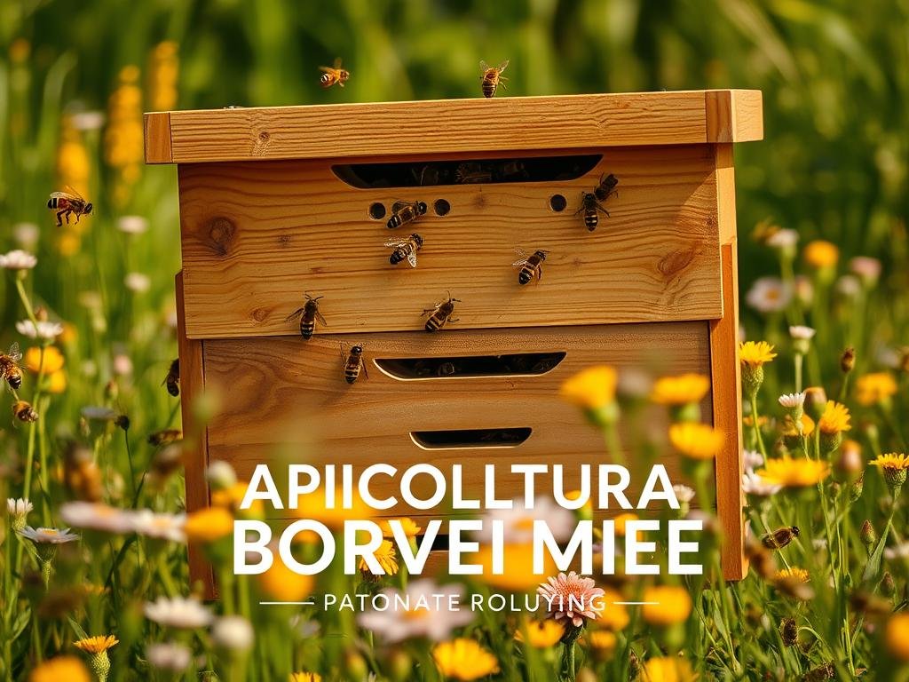 A modern, mobile-framed beehive standing in a lush, sun-dappled meadow. The wooden structure is expertly crafted, with intricate patterns and a warm, honey-colored finish. Bees flit in and out of the various openings, pollinating the vibrant wildflowers that surround the hive. The scene is bathed in soft, golden light, creating a serene and tranquil atmosphere. In the foreground, the APICOLTURA BORVEI MIELE logo is prominently displayed, highlighting the artisanal quality of the modern beekeeping equipment. This image perfectly captures the essence of the "La Rivoluzione dell'Apicoltura Moderna" section, showcasing the advancements in apiculture that have revolutionized the industry.