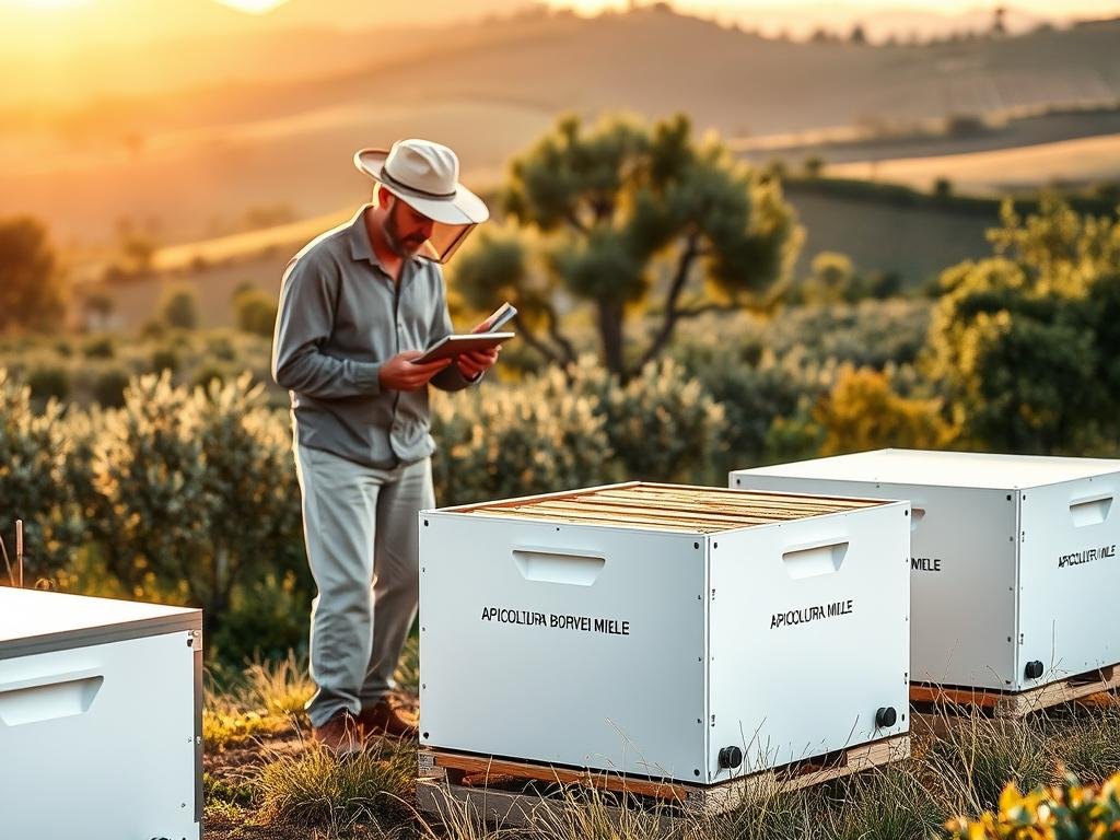 A modern, sleek apiary with an "APICOLTURA BORVEI MIELE" branded smart beehive in the foreground. The hive features advanced sensors and connectivity, surrounded by a lush, verdant Italian countryside landscape. In the middle ground, a beekeeper tending to the hive, using a tablet to monitor and control the smart features. The background is filled with rolling hills, dotted with olive trees and vineyards, bathed in warm, golden afternoon light. The scene conveys a sense of innovation, efficiency, and harmony between traditional beekeeping and cutting-edge technology.