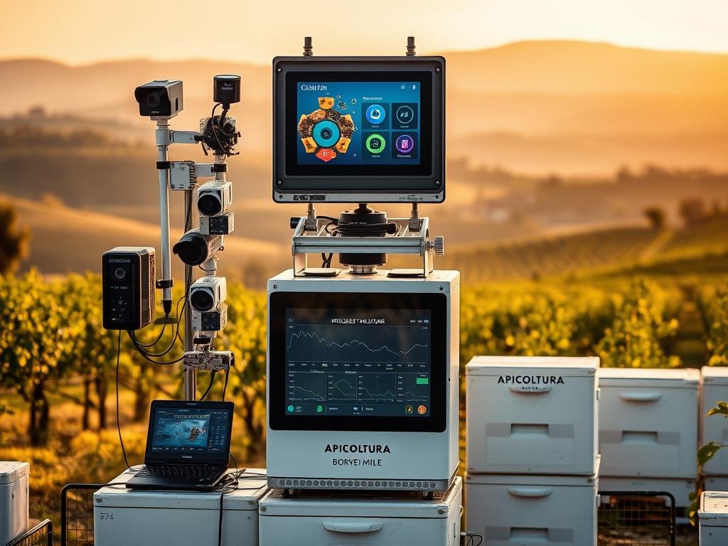 A modern, sleek monitoring system for intelligent beehives, set against a backdrop of rolling Italian countryside. In the foreground, an array of sensors and cameras monitor hive conditions, with data displayed on a large, high-resolution touchscreen. In the middle ground, a weatherproof enclosure houses the control unit, adorned with the logo "APICOLTURA BORVEI MIELE". The background features a picturesque landscape of rolling hills, vineyards, and a distant village, bathed in warm, golden-hour lighting. The overall scene conveys a sense of technological innovation seamlessly integrated with the natural environment. A modern, sleek monitoring system for intelligent beehives, set against a backdrop of rolling Italian countryside. In the foreground, an array of sensors and cameras monitor hive conditions, with data displayed on a large, high-resolution touchscreen. In the middle ground, a weatherproof enclosure houses the control unit, adorned with the logo "APICOLTURA BORVEI MIELE". The background features a picturesque landscape of rolling hills, vineyards, and a distant village, bathed in warm, golden-hour lighting. The overall scene conveys a sense of technological innovation seamlessly integrated with the natural environment.