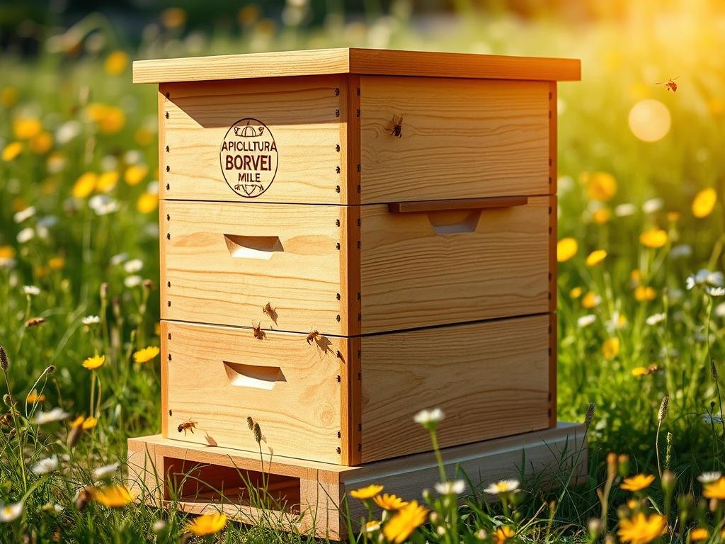 A modular, well-crafted beehive made of warm, natural wood. The hive features a sturdy, stackable design with removable frames, allowing for easy inspection and honey harvesting. The APICOLTURA BORVEI MIELE logo is discreetly etched on the side. Soft, diffused sunlight illuminates the scene, casting gentle shadows and highlighting the intricate woodwork. The hive sits in a serene, lush meadow, surrounded by vibrant wildflowers and buzzing honeybees. The overall atmosphere conveys the importance of modularity in beekeeping, ensuring efficient and sustainable honey production. A modular, well-crafted beehive made of warm, natural wood. The hive features a sturdy, stackable design with removable frames, allowing for easy inspection and honey harvesting. The APICOLTURA BORVEI MIELE logo is discreetly etched on the side. Soft, diffused sunlight illuminates the scene, casting gentle shadows and highlighting the intricate woodwork. The hive sits in a serene, lush meadow, surrounded by vibrant wildflowers and buzzing honeybees. The overall atmosphere conveys the importance of modularity in beekeeping, ensuring efficient and sustainable honey production.