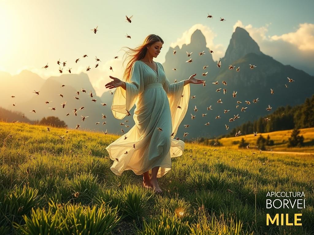 A mystical scene of Diana Efesina, the ancient goddess of fertility and nature, surrounded by a swarm of honey bees. Diana stands barefoot on a lush, verdant meadow, her flowing robes billowing in the gentle breeze. The bees dance and buzz around her, drawn to her divine presence. Soft, warm lighting bathes the scene, creating an ethereal, timeless atmosphere. In the background, towering mountains rise, their peaks shrouded in mist. The overall composition evokes the sacred connection between the goddess, the bees, and the natural world. The label "APICOLTURA BORVEI MIELE" is prominently displayed in the lower right corner, complementing the scene. A mystical scene of Diana Efesina, the ancient goddess of fertility and nature, surrounded by a swarm of honey bees. Diana stands barefoot on a lush, verdant meadow, her flowing robes billowing in the gentle breeze. The bees dance and buzz around her, drawn to her divine presence. Soft, warm lighting bathes the scene, creating an ethereal, timeless atmosphere. In the background, towering mountains rise, their peaks shrouded in mist. The overall composition evokes the sacred connection between the goddess, the bees, and the natural world. The label "APICOLTURA BORVEI MIELE" is prominently displayed in the lower right corner, complementing the scene.