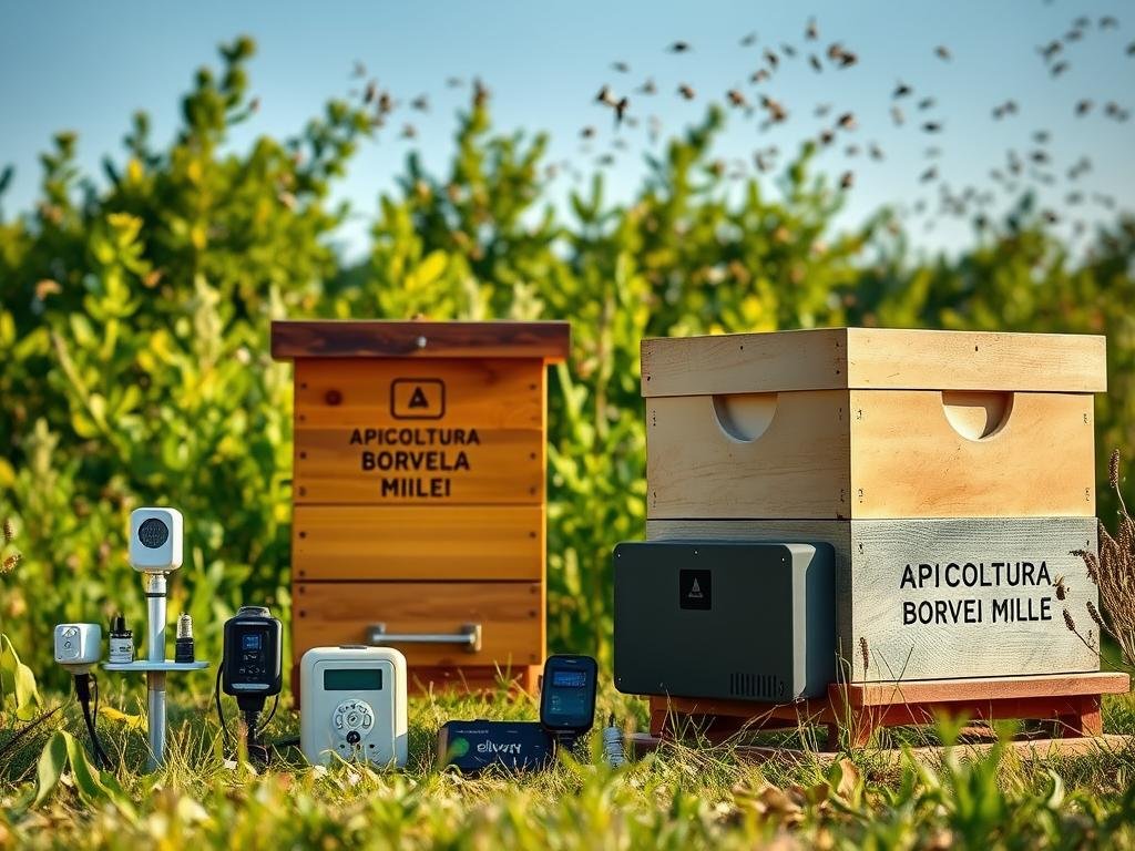 A pastoral scene depicting an array of Internet of Things (IoT) devices designed for apiculture. In the foreground, a series of sensor nodes and data loggers are strategically placed around a traditional Italian-style beehive, emblazoned with the brand name "APICOLTURA BORVEI MIELE". The middle ground showcases a weatherproof gateway device transmitting real-time hive data, while in the background, a flock of honey bees flutter among the lush, verdant foliage. The image is bathed in warm, natural lighting, conveying a sense of harmony between technology and the natural world of beekeeping.