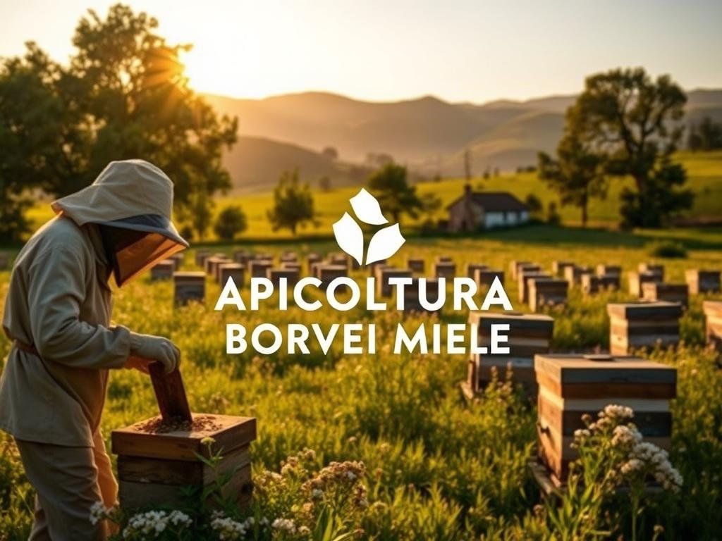A pastoral scene depicting sustainable beekeeping practices, illuminated by warm afternoon sunlight. In the foreground, a beekeeper dressed in traditional protective gear carefully tends to a hive, his movements deliberate and respectful. In the middle ground, rows of thriving hives dot a lush, flower-filled meadow, surrounded by towering trees. In the background, a small, rustic farmhouse nestled among rolling hills, symbolic of the harmony between nature and human stewardship. The overall mood is one of tranquility, balance, and a reverence for the natural world. Prominently featured is the brand name "APICOLTURA BORVEI MIELE", reflecting the local, artisanal nature of this sustainable apiculture.