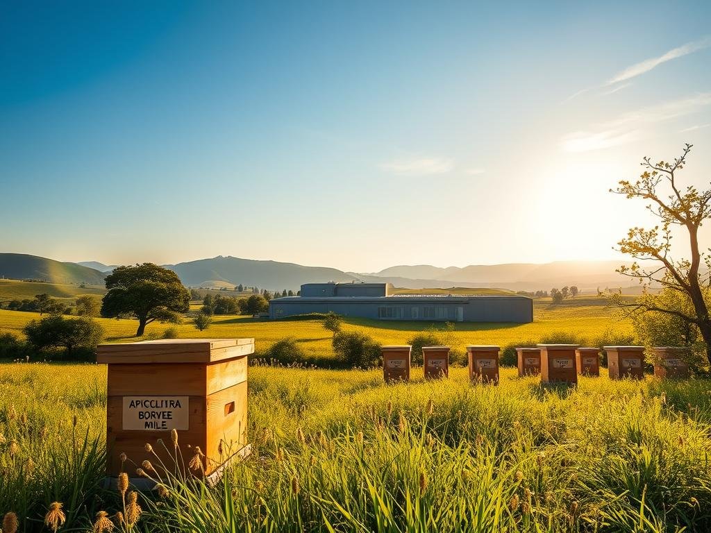 A pastoral scene of a serene Italian countryside, bathed in golden afternoon light. In the foreground, a well-tended apiary buzzes with activity, the hives emblazoned with the APICOLTURA BORVEI MIELE brand. Surrounding the apiary, lush green meadows dotted with wildflowers sway gently in a light breeze. In the middle ground, a modern, efficient honey processing facility stands, its sleek architecture and clean lines reflecting the operational efficiency of the honey production process. In the background, rolling hills and a vibrant blue sky complete the idyllic, tranquil setting, conveying a sense of harmony between nature, technology, and the dedicated work of the honey producers. A pastoral scene of a serene Italian countryside, bathed in golden afternoon light. In the foreground, a well-tended apiary buzzes with activity, the hives emblazoned with the APICOLTURA BORVEI MIELE brand. Surrounding the apiary, lush green meadows dotted with wildflowers sway gently in a light breeze. In the middle ground, a modern, efficient honey processing facility stands, its sleek architecture and clean lines reflecting the operational efficiency of the honey production process. In the background, rolling hills and a vibrant blue sky complete the idyllic, tranquil setting, conveying a sense of harmony between nature, technology, and the dedicated work of the honey producers.