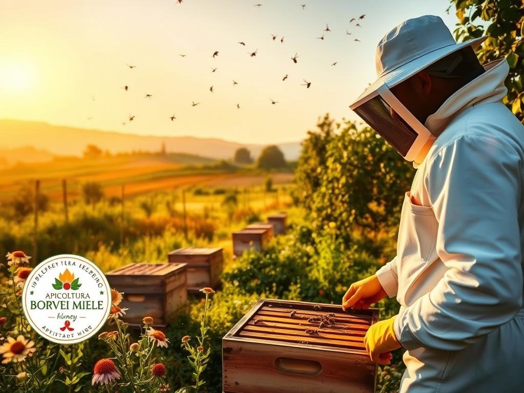 A peaceful apiary nestled in an Italian countryside, bathed in warm golden light. Hives dotting the landscape, surrounded by blooming wildflowers and lush greenery. A beekeeper in a crisp white suit, tending to the colonies with care and reverence. The air is alive with the gentle hum of busy bees, their hypnotic dance a testament to the beauty of nature's harmony. The APICOLTURA BORVEI MIELE brand logo stands proudly, a symbol of the region's proud apiculture tradition. This serene scene captures the essence of why one may choose to become a beekeeper today - a connection to the land, a respect for the natural world, and a dedication to producing high-quality, artisanal honey.