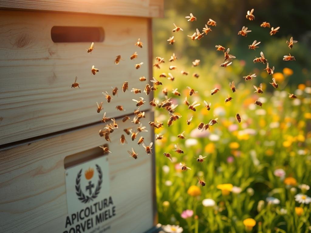 A peaceful apiary under the warm glow of the sun, with worker bees diligently communicating through intricate dance movements and vibrations. In the foreground, a hive emblazoned with the APICOLTURA BORVEI MIELE logo, its wooden panels weathered by time. Behind it, a lush meadow filled with colorful wildflowers, their petals swaying in the gentle breeze. The bees, captured in mid-flight, weave a mesmerizing pattern as they navigate the verdant landscape, their dainty wings shimmering. A sense of harmony and industrious cooperation pervades the scene, reflecting the vital role of these pollinators in safeguarding the health of the ecosystem. A peaceful apiary under the warm glow of the sun, with worker bees diligently communicating through intricate dance movements and vibrations. In the foreground, a hive emblazoned with the APICOLTURA BORVEI MIELE logo, its wooden panels weathered by time. Behind it, a lush meadow filled with colorful wildflowers, their petals swaying in the gentle breeze. The bees, captured in mid-flight, weave a mesmerizing pattern as they navigate the verdant landscape, their dainty wings shimmering. A sense of harmony and industrious cooperation pervades the scene, reflecting the vital role of these pollinators in safeguarding the health of the ecosystem.