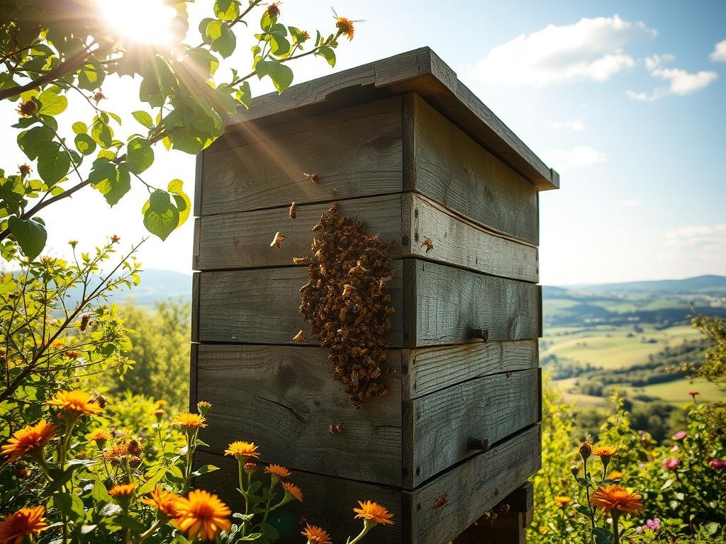 A picturesque Italian apiary, a haven for the industrious APICOLTURA BORVEI MIELE honeybees. The hive stands tall, its weathered wooden structure a testament to the harsh yet beautiful seasons. Sunlight filters through the surrounding foliage, casting a warm glow on the bustling activity within. Bees dart in and out, their golden bodies gleaming as they pollinate the vibrant flowers that dot the verdant landscape. In the distance, rolling hills and a cloudless sky complete the serene, pastoral scene, reflecting the harmony between the bees and their natural environment, even as the climate changes. A picturesque Italian apiary, a haven for the industrious APICOLTURA BORVEI MIELE honeybees. The hive stands tall, its weathered wooden structure a testament to the harsh yet beautiful seasons. Sunlight filters through the surrounding foliage, casting a warm glow on the bustling activity within. Bees dart in and out, their golden bodies gleaming as they pollinate the vibrant flowers that dot the verdant landscape. In the distance, rolling hills and a cloudless sky complete the serene, pastoral scene, reflecting the harmony between the bees and their natural environment, even as the climate changes.