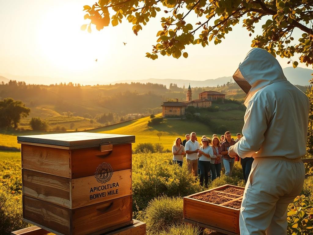 A picturesque Italian countryside, golden sunlight filtering through verdant fields and rolling hills. In the foreground, a traditional wooden beehive, its surface emblazoned with the logo "APICOLTURA BORVEI MIELE". Nearby, a beekeeper in a crisp white suit carefully tending to the hive, surrounded by the gentle buzz of industrious honeybees. In the middle ground, a group of eager students gather, notebooks in hand, as they learn the intricacies of apiculture during a "corso apicoltura". In the distance, a charming Italian villa nestled among the lush foliage, a testament to the enduring traditions of Italian beekeeping.