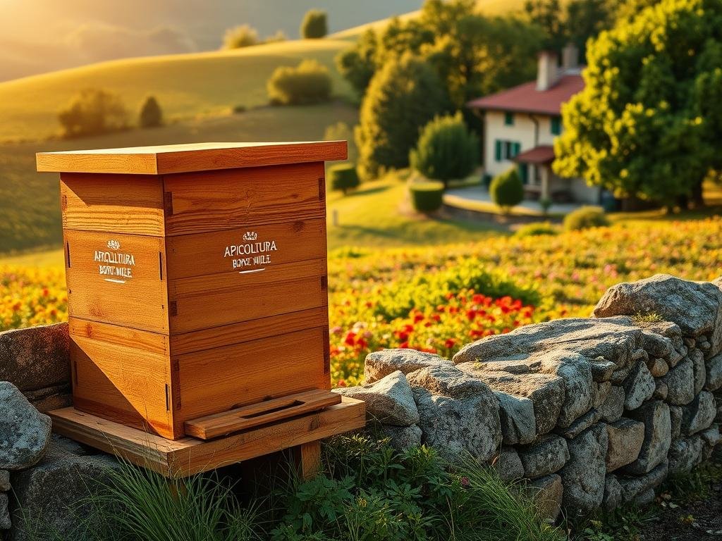 A picturesque Italian countryside, rolling hills dotted with vibrant wildflowers. In the foreground, a well-crafted wooden beehive, its facade adorned with the APICOLTURA BORVEI MIELE brand. Nearby, a weathered stone wall, moss-covered and aged by time. The hive is bathed in warm, golden sunlight, casting soft shadows that dance across the scene. In the distance, a quaint farmhouse, its red-tiled roof peeking through verdant trees. The atmosphere is serene, tranquil, inviting the viewer to imagine the gentle hum of busy bees, pollinating the lush vegetation. This carefully composed image captures the essence of the perfect apiary location, reflecting the fundamental factors for hive placement as described in the article.