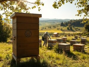 A picturesque Italian countryside, with rolling hills and lush meadows. In the foreground, a wooden beehive stands tall, its intricate panels crafted with care. The APICOLTURA BORVEI MIELE logo is prominently displayed, showcasing the artisanal nature of the product. Sunlight filters through the leaves of the surrounding trees, casting a warm glow on the scene. In the middle ground, a beekeeper tends to the hive, their movements graceful and purposeful. The background is dotted with other hives, each one a testament to the delicate balance of nature and human ingenuity. The overall atmosphere is one of tranquility and harmony, capturing the essence of the difference between open and closed brood.