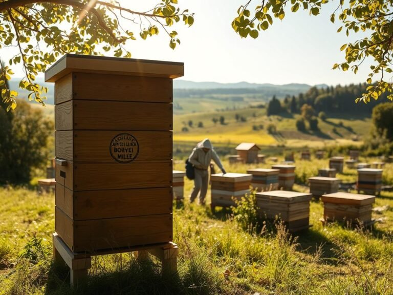 A picturesque Italian countryside, with rolling hills and lush meadows. In the foreground, a wooden beehive stands tall, its intricate panels crafted with care. The APICOLTURA BORVEI MIELE logo is prominently displayed, showcasing the artisanal nature of the product. Sunlight filters through the leaves of the surrounding trees, casting a warm glow on the scene. In the middle ground, a beekeeper tends to the hive, their movements graceful and purposeful. The background is dotted with other hives, each one a testament to the delicate balance of nature and human ingenuity. The overall atmosphere is one of tranquility and harmony, capturing the essence of the difference between open and closed brood.