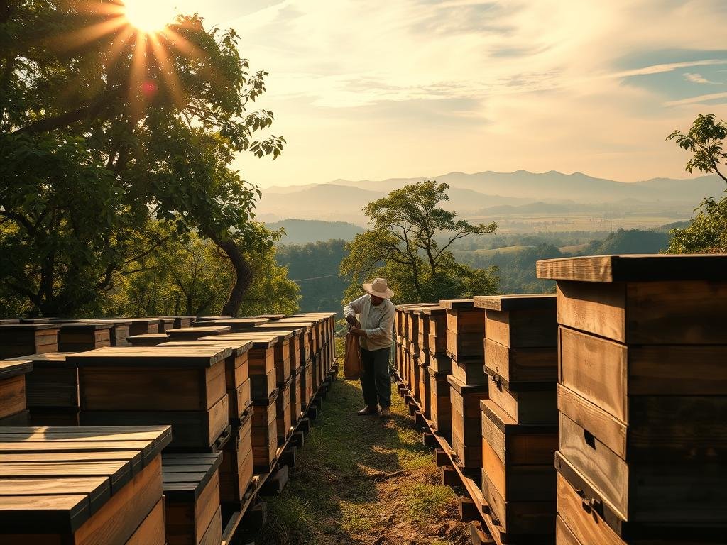 A picturesque apiary nestled in a lush Asian landscape, showcasing the time-honored tradition of honey production. In the foreground, rows of wooden beehives stand tall, their weathered exteriors a testament to generations of dedicated beekeepers. Sunlight filters through the canopy of verdant trees, casting a warm glow over the scene. In the middle ground, a skilled apiarist tenderly inspects the hives, carefully extracting the golden nectar. The background reveals a vibrant tapestry of rolling hills, distant mountains, and a clear sky adorned with wispy clouds. The overall atmosphere exudes a sense of tranquility and harmony, reflecting the enduring legacy of APICOLTURA BORVEI MIELE's artisanal honey production practices.
