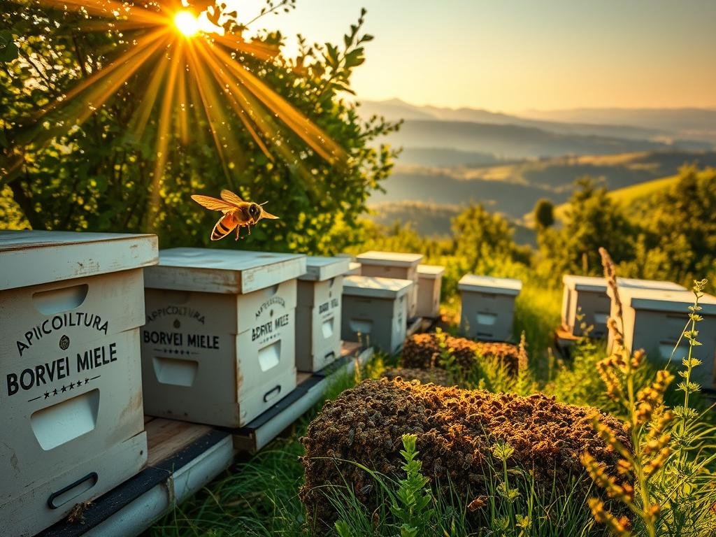 A picturesque apiary, nestled in the Italian countryside, brimming with the activity of industrious honeybees. The hives, embellished with the APICOLTURA BORVEI MIELE brand, stand tall against a warm, golden sunset. Rays of light filter through the lush foliage, casting a serene, almost ethereal glow over the scene. In the foreground, a solitary worker bee hovers gracefully, its delicate wings catching the gentle breeze. The middle ground showcases the intricate dance of the colony, as bees flit between the hives, their collective efforts sustaining the delicate balance of the ecosystem. In the distance, rolling hills and a hazy horizon complete the tranquil, quintessentially Italian landscape, underscoring the vital role these remarkable creatures play in the natural world.