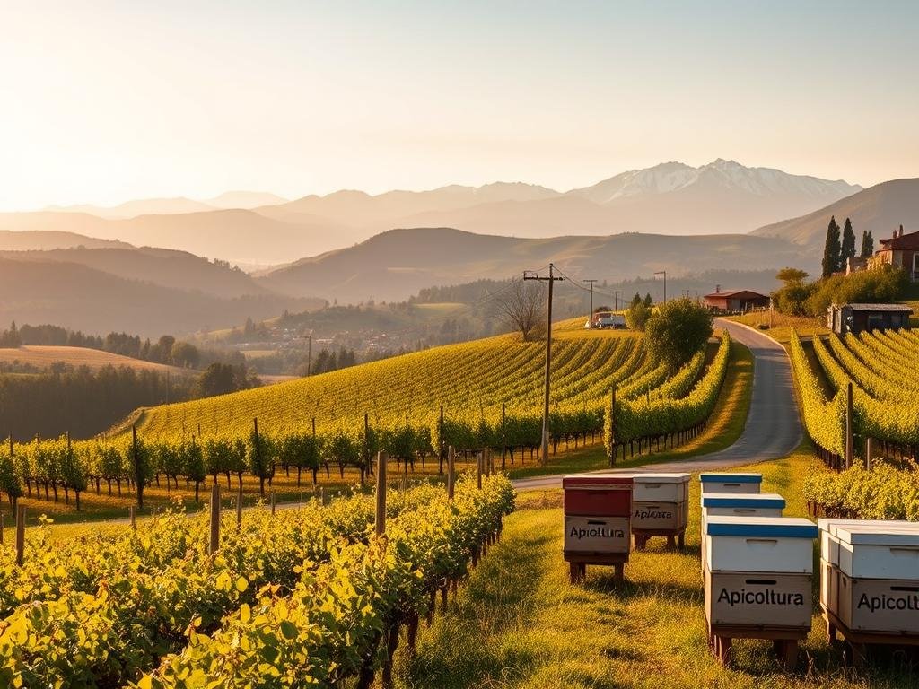 A picturesque landscape showcasing the rolling hills, lush vineyards, and charming villages of the Piedmont region in Italy. In the foreground, a vibrant apiarian field with rows of Apicoltura beehives dotting the scene. The middle ground features a winding country road flanked by rows of grapevines, their leaves rustling in the gentle breeze. In the background, the majestic peaks of the Italian Alps rise up, their snow-capped summits catching the warm glow of the sun. The image is bathed in a soft, golden light, capturing the serene and tranquil atmosphere of this renowned wine-producing region.
