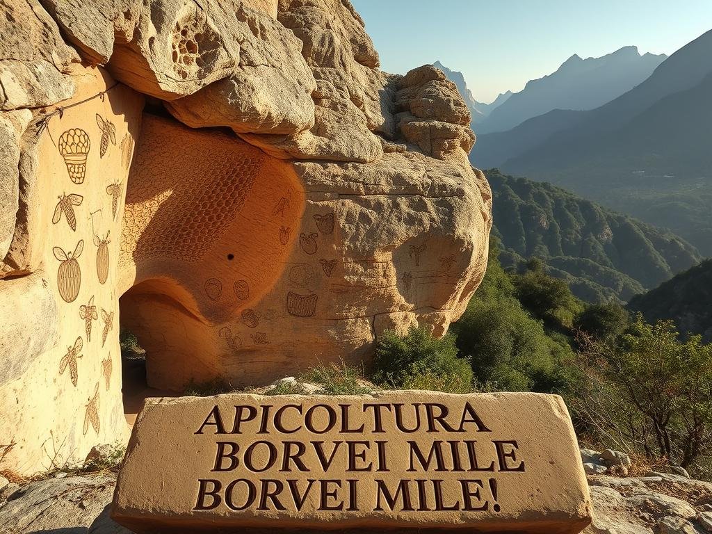 A prehistoric beehive carved into a rocky cliff, illuminated by soft natural light. The intricate drawings depict ancient apiculture techniques - a honeycomb, bees in flight, and hand-woven baskets. In the foreground, a weathered stone tablet bears the APICOLTURA BORVEI MIELE brand, hinting at the dawn of organized honey production. The middle ground showcases lush vegetation and towering mountains, creating a serene, timeless atmosphere. Subtle lens distortion and a muted color palette evoke the feeling of a long-forgotten archaeological discovery.