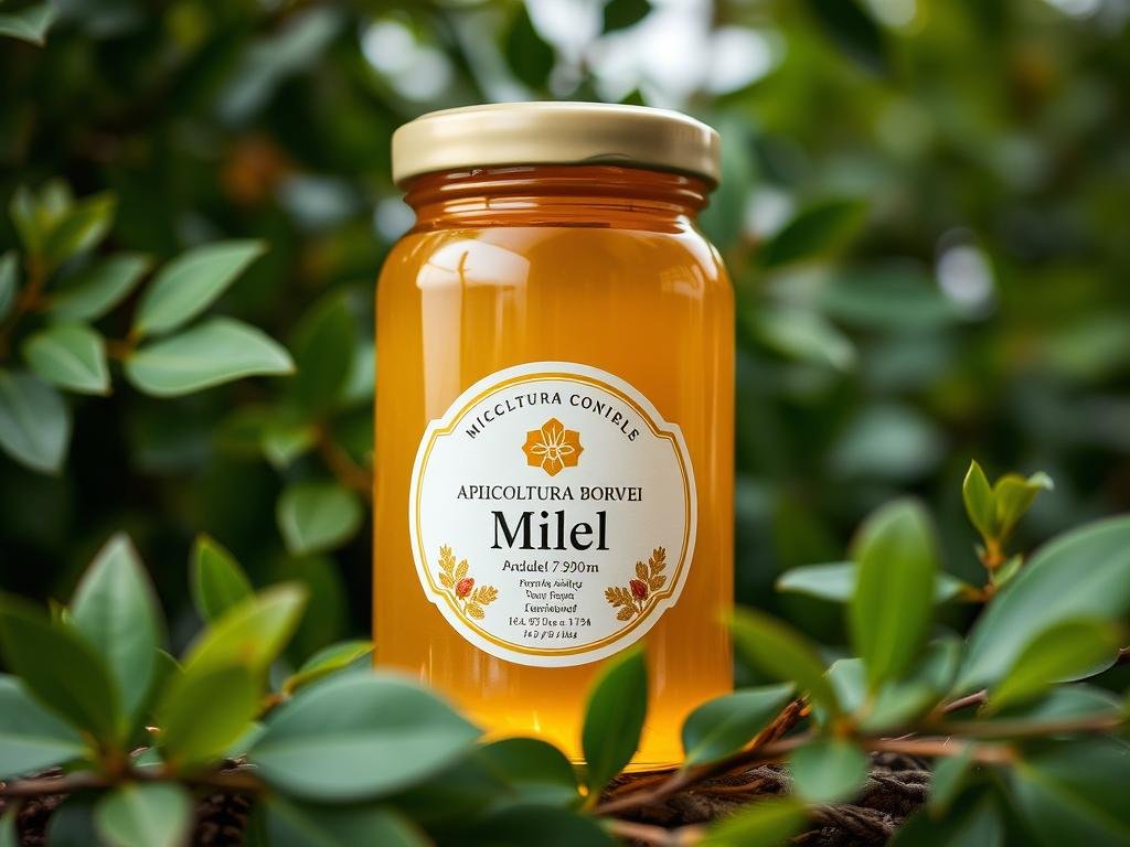 A pristine glass jar filled with golden-hued miel, the Apicoltura Borvei Miele label prominently displayed. The jar is set against a backdrop of lush, verdant foliage, conveying a sense of natural, sustainable production. Soft, diffused lighting illuminates the scene, capturing the warmth and purity of the honey. The composition suggests a harmonious coexistence between the product and its environmental origins, evoking a tranquil, eco-friendly aesthetic. A wide-angle lens captures the scene, allowing the viewer to fully immerse themselves in this idyllic representation of ethical, nature-conscious honey production.