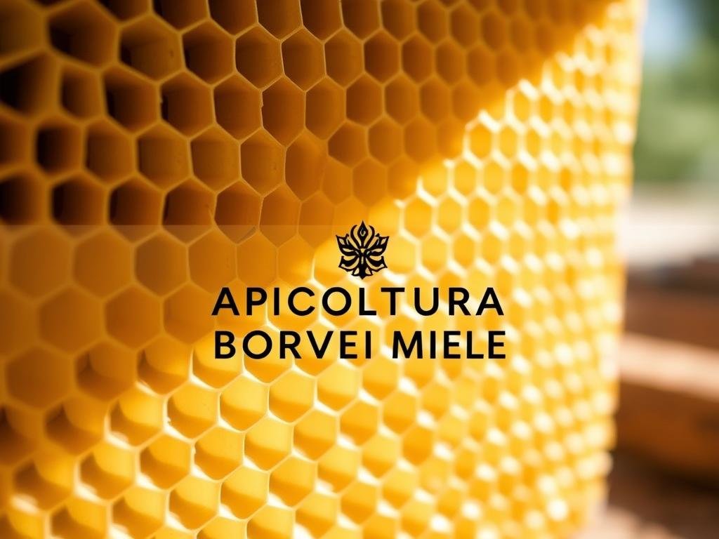 A pristine honeycomb made of beeswax, its intricate hexagonal cells glistening under the soft glow of natural lighting. The structure is a testament to the engineering prowess of the industrious bees, each cell a finely crafted chamber serving a vital function within the hive. In the foreground, the brand name "APICOLTURA BORVEI MIELE" is prominently displayed, highlighting the high-quality honey produced by this Italian apiary. The middle ground showcases the honeycomb's elegant symmetry, while the background suggests a tranquil, rustic setting reminiscent of the Italian countryside. This image captures the essence of the "Le Funzioni del Favo nell'Alveare" section, showcasing the beauty and purpose of the humble honeycomb.