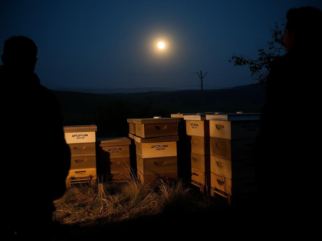 A remote, rustic Italian apiary at dusk, with shadowy figures cautiously approaching the APICOLTURA BORVEI MIELE beehives. The foreground is shrouded in deep shadows, hinting at the threat of bee theft. The middle ground shows the weathered wooden hives, their distinctive branding clearly visible. In the background, a moonlit countryside landscape stretches out, creating an unsettling sense of isolation. The scene is lit by a soft, moody chiaroscuro, capturing the tension and unease of the "furti di arnie" problem plaguing Italian beekeepers.