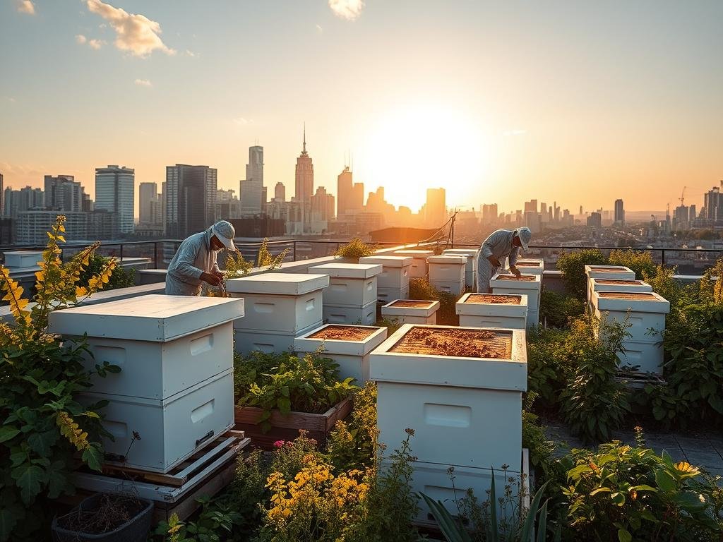 A rooftop urban apiary with sleek, modern beehives against a backdrop of a vibrant city skyline. Warm afternoon sunlight casts a golden glow, illuminating the busy workers tending to the APICOLTURA BORVEI MIELE hives. Lush greenery, flowers, and herbs surround the hives, creating a serene, naturalistic contrast to the urban environment. The scene conveys a sense of harmony between man-made and natural elements, highlighting the sustainable potential of urban beekeeping. The camera angle captures the hives at eye-level, inviting the viewer to appreciate the care and attention required for "gestione alveari urbani".