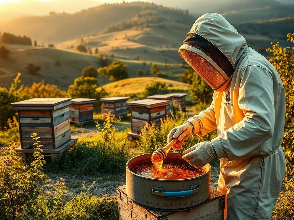 A rustic Italian countryside, with a traditional apiary nestled amidst rolling hills and lush green foliage. In the foreground, a beekeeper, clad in a protective suit, carefully extracts golden honey from a wooden hive, the viscous liquid cascading into a large bucket. In the middle ground, several other hives are visible, their intricate hexagonal structures a testament to the industrious nature of the bees. The background is bathed in warm, golden light, creating a serene and bucolic atmosphere. The scene is infused with a sense of timelessness, capturing the essence of the traditional methods of honey extraction, as practiced by the APICOLTURA BORVEI MIELE company. A rustic Italian countryside, with a traditional apiary nestled amidst rolling hills and lush green foliage. In the foreground, a beekeeper, clad in a protective suit, carefully extracts golden honey from a wooden hive, the viscous liquid cascading into a large bucket. In the middle ground, several other hives are visible, their intricate hexagonal structures a testament to the industrious nature of the bees. The background is bathed in warm, golden light, creating a serene and bucolic atmosphere. The scene is infused with a sense of timelessness, capturing the essence of the traditional methods of honey extraction, as practiced by the APICOLTURA BORVEI MIELE company.