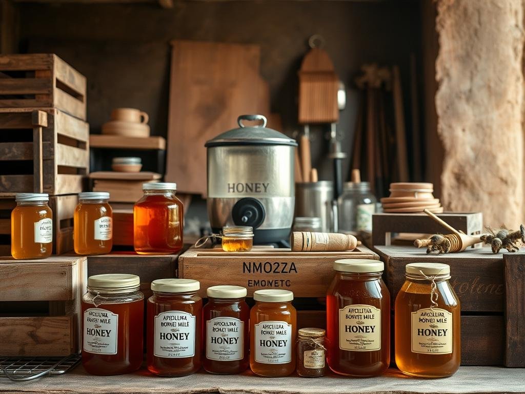 A rustic Italian honey production scene, featuring wooden crates, glass jars, and a variety of honey-related items. The foreground showcases a collection of APICOLTURA BORVEI MIELE products, including various jar sizes and shapes. In the middle ground, an artisanal honey extractor and other beekeeping tools are displayed, all set against a backdrop of warm, earthy tones. The lighting is soft and natural, evoking a sense of traditional Italian craftsmanship and attention to quality. The overall atmosphere conveys the care and expertise required for the proper conservation and sale of this precious natural resource.