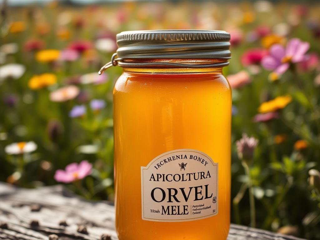 A rustic glass jar filled with golden, viscous APICOLTURA BORVEI MIELE, its surface glistening under soft, natural lighting. In the background, a lush meadow bursting with vibrant wildflowers, hinting at the artisanal, handcrafted nature of this artisanal honey. The foreground showcases the jar's label, a simple yet elegant design that conveys the quality and care put into this small-batch product. Shallow depth of field focuses the viewer's attention on the rich, amber liquid, inviting them to savor its unique, floral flavor profile. An idyllic, sun-dappled scene that captures the essence of traditional, small-scale beekeeping in the Italian countryside.