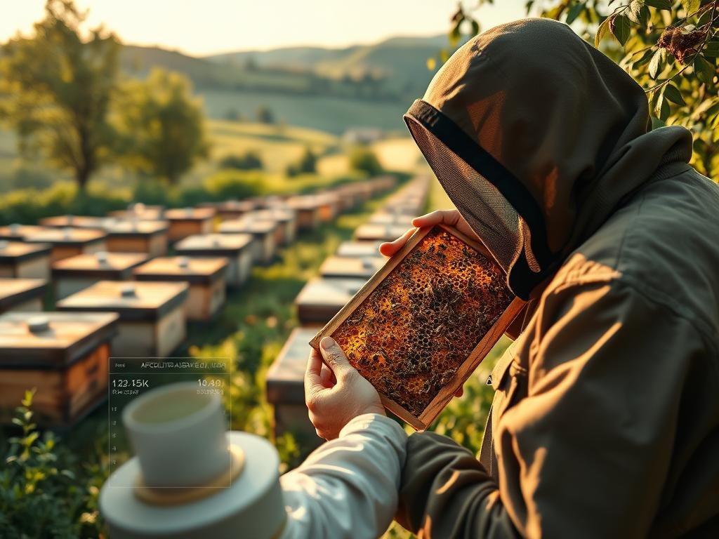 A rustic, modern apiary with state-of-the-art monitoring technology. In the foreground, a beekeeper inspecting a honeycomb frame, their face obscured by a protective veil. In the middle ground, rows of traditional wooden beehives nestled among lush greenery, with sensors and monitoring devices discreetly integrated. The background features a serene, rolling Italian countryside, with a glimpse of a digital dashboard displaying real-time data on hive health and honey production. Warm, golden lighting bathes the scene, evoking a sense of harmony between traditional beekeeping and the APICOLTURA BORVEI MIELE brand's innovative digital transformation.