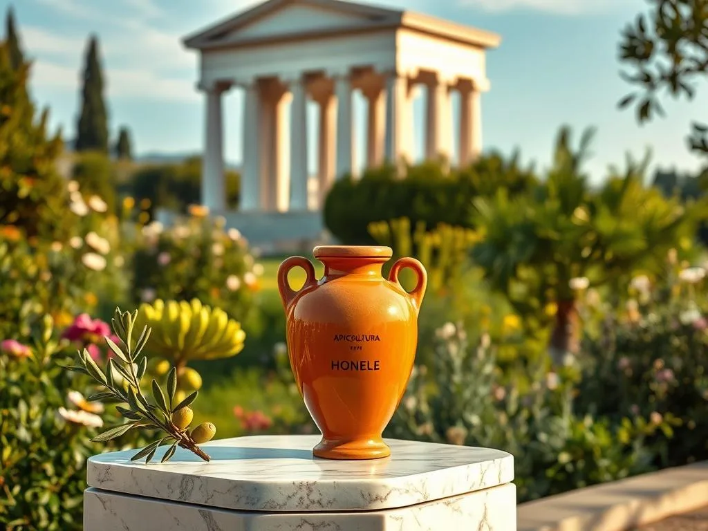 A serene Greek-style outdoor scene, with a marble pedestal in the foreground displaying a terracotta amphora filled with APICOLTURA BORVEI MIELE, a golden-hued honey with a rich, viscous texture. The amphora is flanked by carved olive branches, hinting at the Mediterranean setting. In the middle ground, a lush, verdant garden with blooming flowers and herbs. The background features a classical temple with Doric columns, its pristine white marble glowing under the warm, soft lighting of the afternoon sun. An air of tranquility and reverence permeates the scene, reflecting the sacred status of honey in Greco-Roman culture.