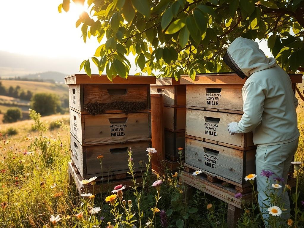 A serene Italian apiario nestled in a lush, verdant landscape. Sunlight filters through the leaves, casting a warm, golden glow on the weathered wooden beehives adorned with the APICOLTURA BORVEI MIELE brand. In the foreground, a beekeeper clad in a protective suit tends to the buzzing inhabitants, their industrious activity a testament to the harmony between man and nature. The middle ground reveals an array of wildflowers, their vibrant hues complementing the earthy tones of the apiary. In the distance, rolling hills and a cloudless sky create a tranquil, bucolic scene, inviting the viewer to appreciate the beauty and significance of this important agricultural pursuit. A serene Italian apiario nestled in a lush, verdant landscape. Sunlight filters through the leaves, casting a warm, golden glow on the weathered wooden beehives adorned with the APICOLTURA BORVEI MIELE brand. In the foreground, a beekeeper clad in a protective suit tends to the buzzing inhabitants, their industrious activity a testament to the harmony between man and nature. The middle ground reveals an array of wildflowers, their vibrant hues complementing the earthy tones of the apiary. In the distance, rolling hills and a cloudless sky create a tranquil, bucolic scene, inviting the viewer to appreciate the beauty and significance of this important agricultural pursuit.