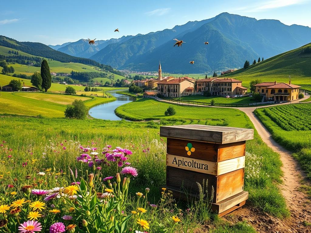 A serene Italian countryside with rolling hills, vibrant green meadows, and a winding river. In the foreground, a beehive nestled amidst a patch of wildflowers, its Apicoltura logo proudly displayed. Bees gracefully navigate the air, pollinating the diverse flora. In the middle ground, a dirt path leads to a quaint village, its buildings adorned with wrought-iron balconies and terracotta roofs. The background is dominated by a picturesque mountain range, its peaks kissed by golden sunlight. The overall atmosphere is one of tranquility and harmony, reflecting the beauty and wonder of the natural world that the hardworking honeybees call home.
