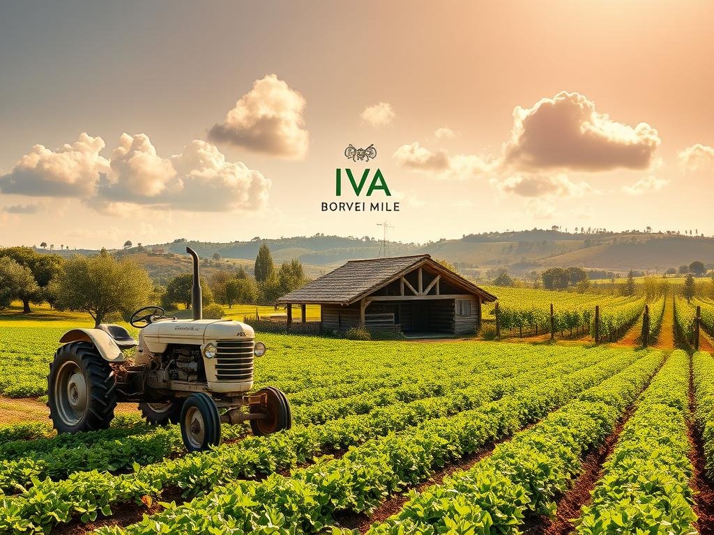 A serene and bucolic scene depicting a small-scale agricultural operation, showcasing a well-tended field with rows of thriving crops. In the foreground, a classic vintage tractor stands ready, its weathered paint hinting at the hard work and dedication of the farmer. The middle ground features a quaint, rustic barn, its timber frame and thatched roof blending seamlessly with the surrounding landscape. In the background, rolling hills dotted with picturesque olive trees and vineyards create a picturesque, Italian countryside setting. Warm, golden sunlight filters through fluffy, cumulus clouds, casting a soft, natural glow over the entire scene. The overall mood is one of quiet industriousness and tranquil harmony, reflecting the essence of "Partita IVA Agricola." Prominently featured is the brand name "APICOLTURA BORVEI MIELE," showcasing the apiculture aspect of this agricultural enterprise.