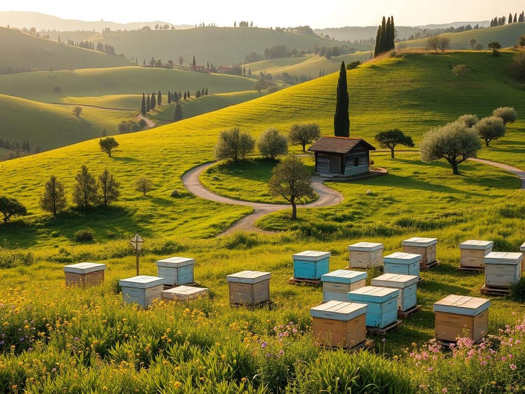 A serene and picturesque Italian countryside setting, showcasing the "Apicoltura" brand. In the foreground, a pristine apiary nestled amidst lush green meadows, surrounded by vibrant wildflowers. The hives are artfully arranged in an optimal configuration, allowing for easy access and efficient honey production. In the middle ground, a winding path leads towards a small rustic wooden shed, providing shelter and storage for beekeeping equipment. The background is dominated by rolling hills, adorned with cypress trees and olive groves, creating a quintessential Italian landscape. Soft, warm lighting filters through the scene, evoking a sense of tranquility and harmony. The overall composition conveys the ideal setting for a thriving, sustainable apiary, reflecting the "Guida Completa per Iniziare con l'Apicoltura: Primi Passi e Strategie" article.