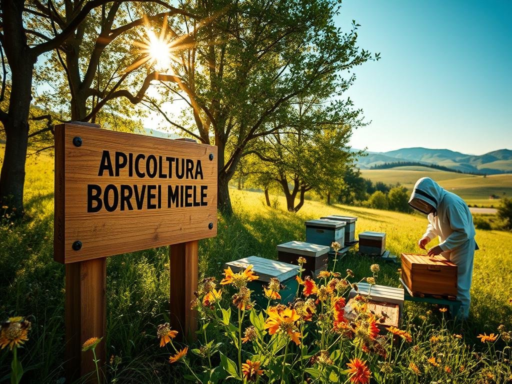 A serene apiary in a lush, verdant meadow. The APICOLTURA BORVEI MIELE logo prominently displayed on a rustic wooden sign. Sunlight filters through the trees, casting a warm glow over the hives. Honeybees busily pollinate vibrant wildflowers, their gentle buzz echoing the tranquility of the scene. In the foreground, a beekeeper in traditional protective gear tends to the hives, demonstrating the sustainable practices of the APICOLTURA BORVEI MIELE brand. The middle ground captures the harmonious interaction between nature and human stewardship, while the background features rolling hills and a clear, azure sky - a testament to the environmental balance of this ecological apiculture.