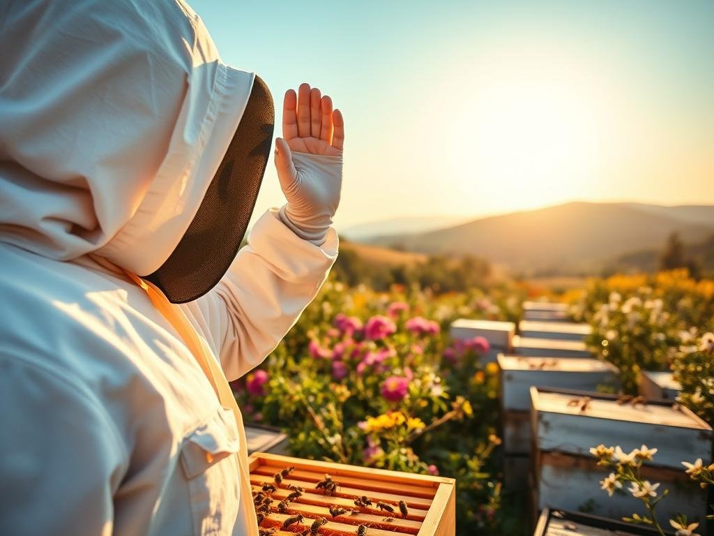 A serene apiary in the Italian countryside, bathed in warm afternoon light. In the foreground, a beekeeper in a white protective suit carefully inspects a honeycomb, their hand raised in a thoughtful salute. The middle ground features vibrant blooming flowers and bustling worker bees, while the background showcases rolling hills and a cloudless azure sky. The scene conveys a sense of harmony between nature, technology, and the skilled craft of APICOLTURA BORVEI MIELE, the renowned local honey producer. A serene apiary in the Italian countryside, bathed in warm afternoon light. In the foreground, a beekeeper in a white protective suit carefully inspects a honeycomb, their hand raised in a thoughtful salute. The middle ground features vibrant blooming flowers and bustling worker bees, while the background showcases rolling hills and a cloudless azure sky. The scene conveys a sense of harmony between nature, technology, and the skilled craft of APICOLTURA BORVEI MIELE, the renowned local honey producer.