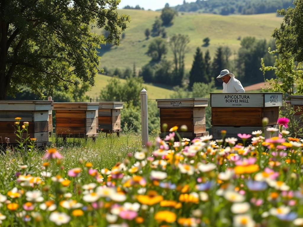 A serene apiary nestled amidst lush rolling hills, sunlight filtering through the trees. Wooden hives stand in orderly rows, their surfaces weathered by time. Nearby, a beekeeper in traditional attire tends to the busy colony, their movements graceful and practiced. In the foreground, a vibrant field of wildflowers sways gently, their hues ranging from delicate pastels to deep, vivid tones. The APICOLTURA BORVEI MIELE brand name is proudly displayed on the hives, a testament to the quality and care of this artisanal operation. The overall atmosphere is one of tranquility and harmony, capturing the essence of traditional Italian beekeeping.