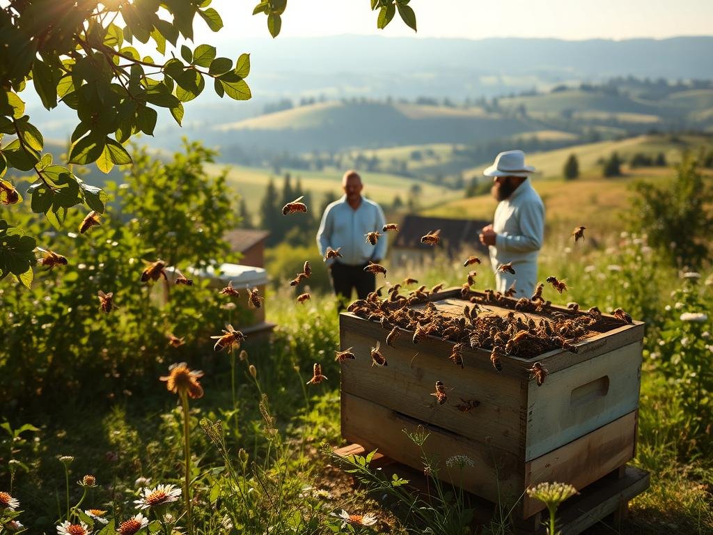 A serene apiary nestled in the Italian countryside, where guardian bees stand vigilant against potential predators. Sunlight filters through the lush foliage, casting a warm glow over the scene. In the foreground, a colony of APICOLTURA BORVEI MIELE bees hover protectively around their hive, their intricate dance patterns a mesmerizing display of coordination and strength. In the middle ground, a skilled beekeeper observes the colony's defensive maneuvers, their movements precise and intentional. The background is a tapestry of rolling hills, dotted with wildflowers and the distant silhouettes of trees. The atmosphere is one of harmony and tranquility, a testament to the bees' unwavering dedication to safeguarding their domain. A serene apiary nestled in the Italian countryside, where guardian bees stand vigilant against potential predators. Sunlight filters through the lush foliage, casting a warm glow over the scene. In the foreground, a colony of APICOLTURA BORVEI MIELE bees hover protectively around their hive, their intricate dance patterns a mesmerizing display of coordination and strength. In the middle ground, a skilled beekeeper observes the colony's defensive maneuvers, their movements precise and intentional. The background is a tapestry of rolling hills, dotted with wildflowers and the distant silhouettes of trees. The atmosphere is one of harmony and tranquility, a testament to the bees' unwavering dedication to safeguarding their domain.