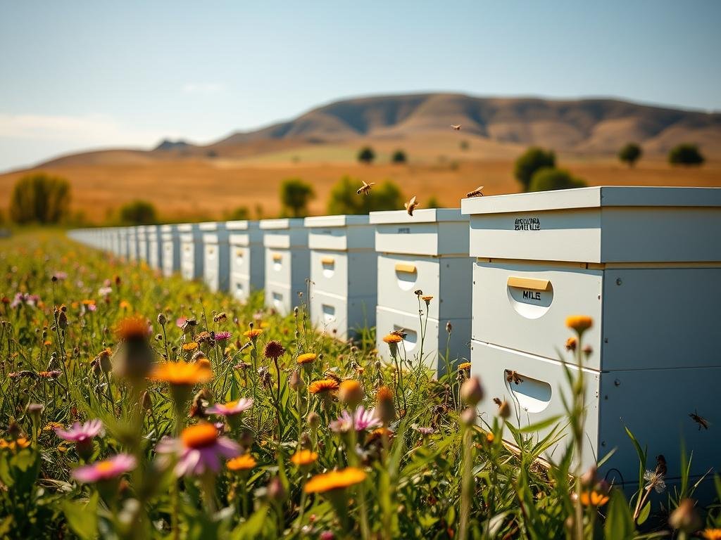 A serene apiary scene, capturing the essence of digital-age beekeeping. A lush, verdant meadow in the foreground, dotted with vibrant wildflowers. In the middle ground, rows of sleek, modern beehives bearing the "APICOLTURA BORVEI MIELE" brand, their smooth surfaces gleaming in the warm, diffused sunlight. Bees dart and hover around the hives, their buzzing a soothing backdrop. In the distance, a rolling hillside rises, capped by a cloudless azure sky. The composition exudes a sense of harmony and balance, reflecting the importance of monitoring the well-being of these vital pollinators in the digital era.