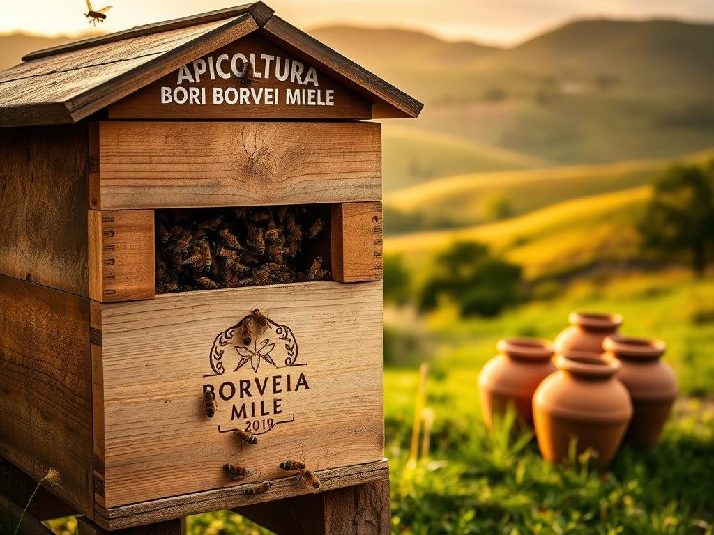 A serene apiary set against a backdrop of lush, rolling hills. In the foreground, a rustic wooden beehive adorned with the APICOLTURA BORVEI MIELE logo, its entrance abuzz with industrious honeybees. The midground features a cluster of traditional terracotta pots, a nod to ancient Italian beekeeping practices. The background reveals a warm, golden-hour sky, casting a soft, natural light over the scene. The overall composition evokes a sense of timeless tradition and the enduring connection between humanity and the natural world.