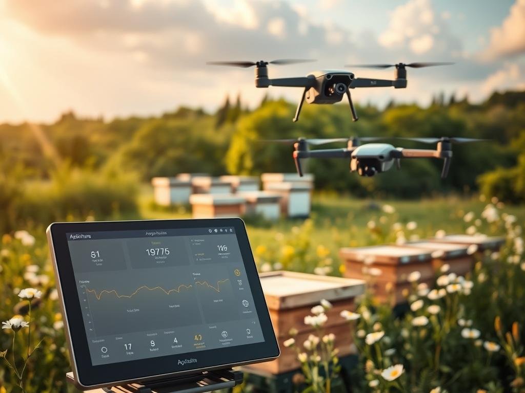 A serene apiary with technological innovations for modern beekeeping. In the foreground, a touchscreen display showcases the "Apicoltura" smart hive monitoring system, its sleek interface overlaid with real-time data. In the middle ground, an autonomous drone hovers near a cluster of hives, its camera scanning for signs of distress. In the background, a lush verdant landscape with wildflowers provides a natural backdrop, hinting at the harmony between technology and the environment. Warm, golden lighting filters through wispy clouds, creating a sense of tranquility and innovation. The scene conveys the future of sustainable, data-driven apiculture, where technology seamlessly integrates with the needs of bees and beekeepers.