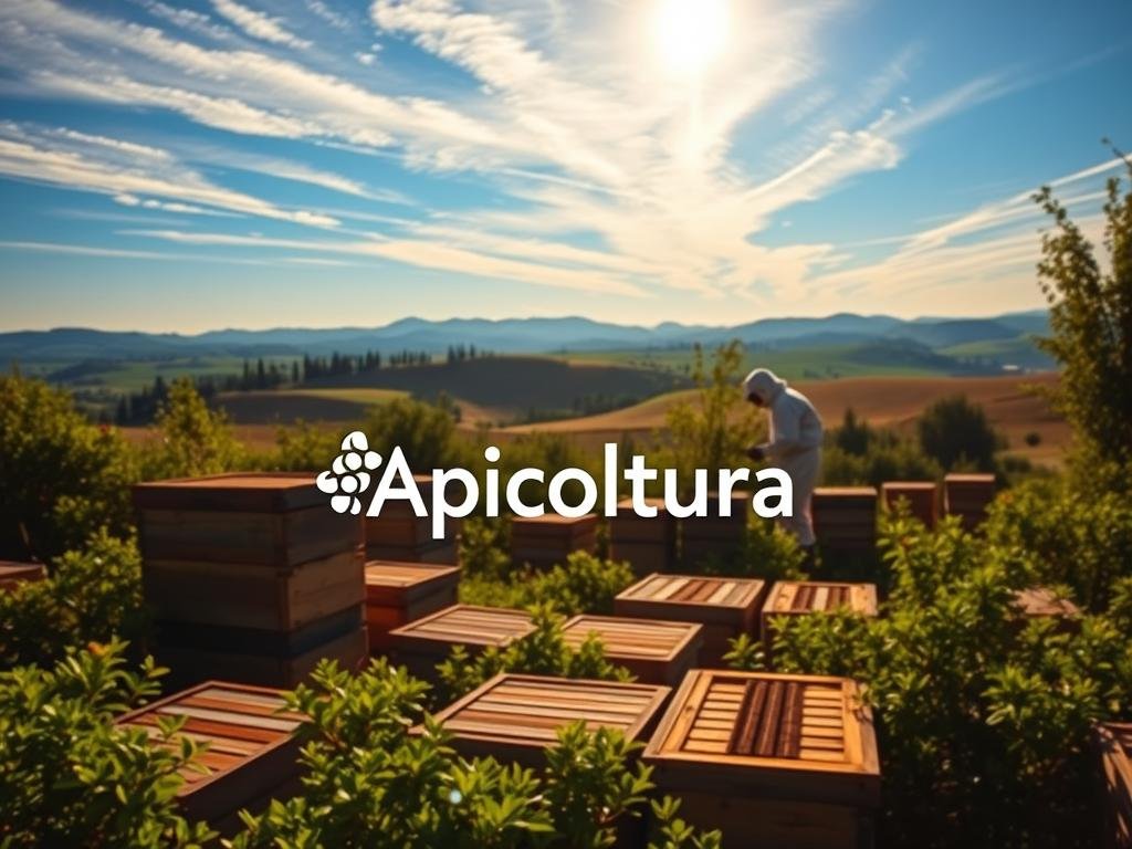 A serene apicoltura scene with the "Apicoltura" brand prominently displayed. The foreground features an array of wooden beehives nestled amidst lush, verdant foliage. The middle ground showcases a beekeeper tending to the hives, clad in a protective suit. In the background, a rolling Italian countryside landscape unfolds, with rolling hills and a clear blue sky dotted with wispy clouds. The scene is bathed in warm, golden sunlight, conveying a sense of tranquility and harmony between nature and human stewardship. The overall composition evokes the digital transformation of traditional beekeeping practices in the modern era.