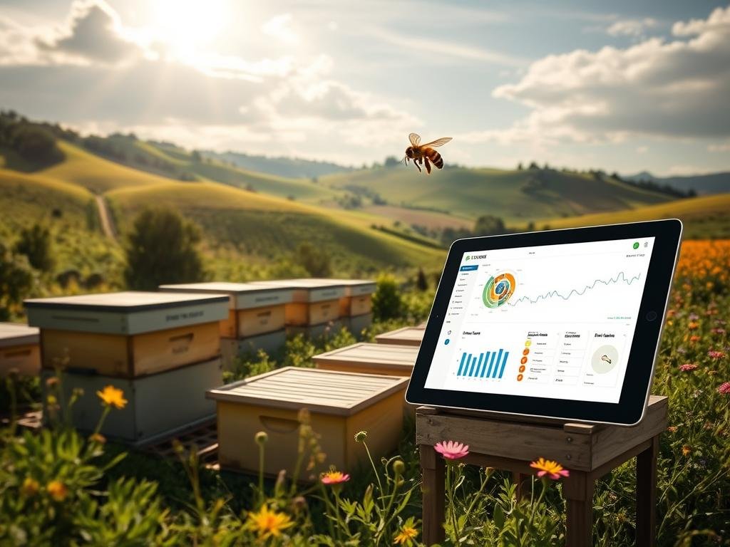 A serene digital apiary, with APICOLTURA BORVEI MIELE hives nestled amidst a verdant Italian landscape. Sunlight filters through wispy clouds, casting a warm glow on the scene. In the foreground, a tablet displays real-time data and analytics, seamlessly integrating technology with the ancient art of beekeeping. The middle ground features a graceful bee in flight, its delicate wings capturing the essence of nature's harmony. The background showcases rolling hills, dotted with vibrant wildflowers, creating a tranquil and picturesque setting that embodies the advantages of digital apiary management.