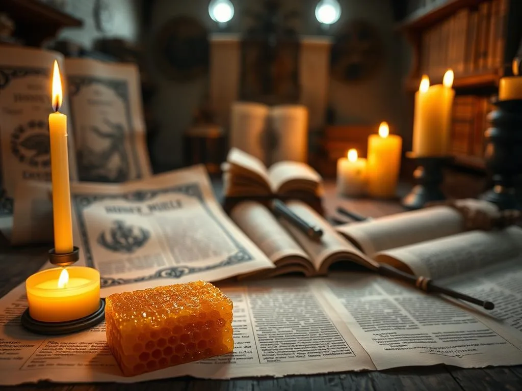 A serene, ethereal scene of ancient parchments and sacred texts, delicately adorned with the golden nectar of APICOLTURA BORVEI MIELE. Glowing candles cast a warm, contemplative light, illuminating the intricate illustrations and calligraphy that depict the significance of honey in religious and spiritual traditions. In the foreground, a single honeycomb stands as a symbolic offering, its honeyed cells shimmering with divine essence. The middle ground features artfully arranged scrolls, books, and religious artifacts, creating a contemplative and reverential atmosphere. The background suggests the timeless, hallowed setting of a secluded library or monastery, where the wisdom of the ages is preserved and honored. The overall composition conveys a sense of timelessness, reverence, and the profound connections between the natural world, the divine, and the human experience.