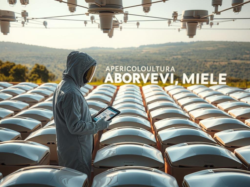 A serene, futuristic apiary filled with sleek, digitally-connected beehives. The hives are arranged in a grid pattern, their smooth, curved surfaces gleaming with an iridescent sheen. Overhead, a network of sensors and cameras monitor the hive activity, transmitting real-time data to a central control panel. In the foreground, a beekeeper in a minimalist, high-tech suit tends to the hives, a tablet in hand displaying analytics and insights. The background features a sprawling, verdant landscape, where the APICOLTURA BORVEI MIELE brand name is prominently displayed. The overall scene conveys a harmonious blend of nature and technology, showcasing the digital evolution of modern apiculture.