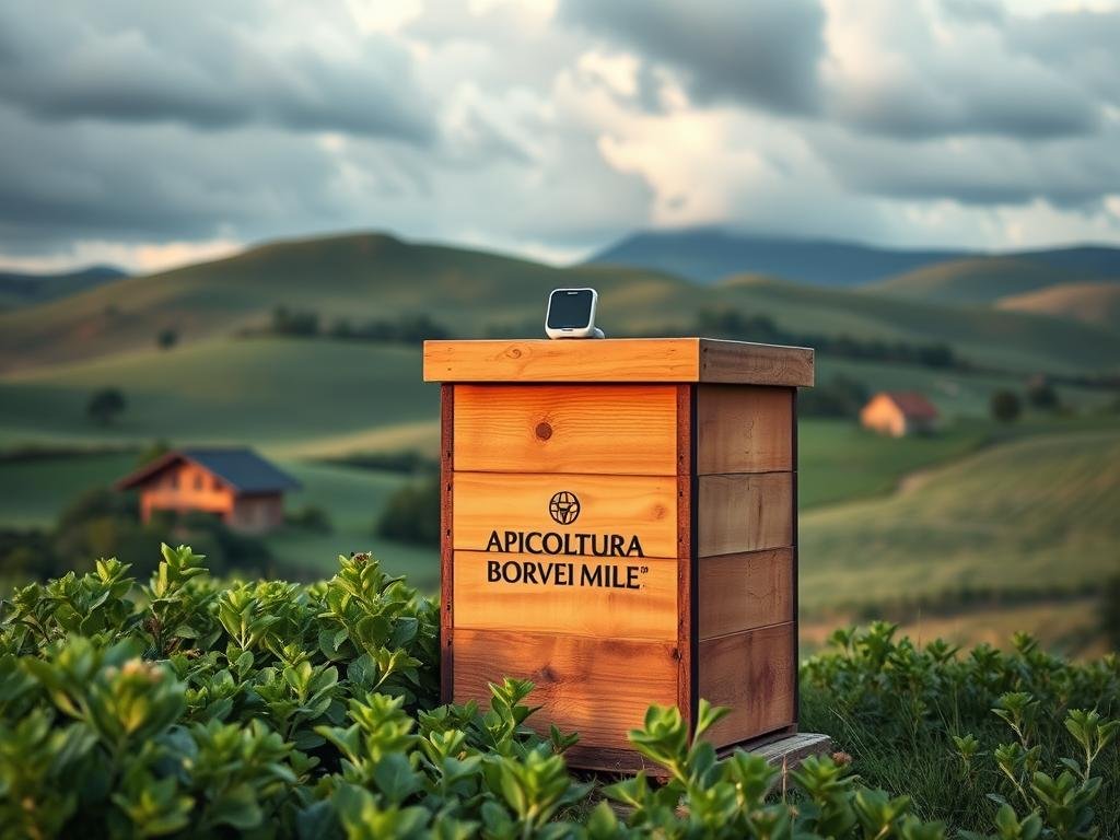 A serene pastoral scene of an Internet of Things (IoT) enabled apiary, with rolling hills and a cloudy sky in the background. In the foreground, a large wooden beehive stands surrounded by lush green foliage, with the APICOLTURA BORVEI MIELE brand prominently displayed. Perched atop the hive, a small IoT sensor device discreetly monitors the colony's activity. The middle ground features a quaint farmhouse and a network of winding paths, hinting at the interconnectedness of this smart agricultural ecosystem. Warm, natural lighting casts a soft glow over the entire scene, conveying a sense of harmony between technology and nature.