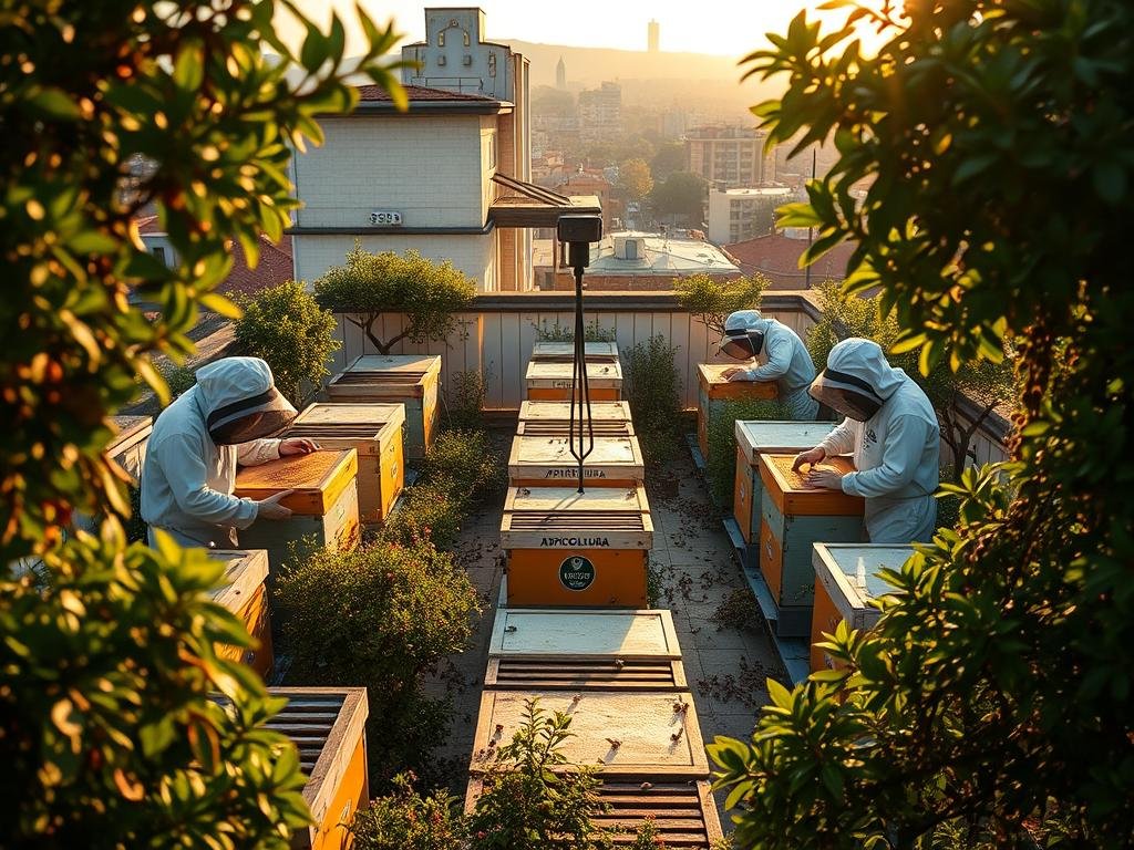 A serene rooftop garden in a bustling Italian city, brimming with vibrant hives and buzzing honeybees. Lush greenery frames the scene, complementing the warm, golden light cast by the afternoon sun. In the center, the "APICOLTURA BORVEI MIELE" brand stands proudly, its logo visible on the hives. Beekeepers tend to their charges, their movements graceful and purposeful. The hum of activity fills the air, a testament to the thriving urban apiculture. The image captures the harmony between nature and the modern metropolis, showcasing the success of this sustainable practice in Italy. A serene rooftop garden in a bustling Italian city, brimming with vibrant hives and buzzing honeybees. Lush greenery frames the scene, complementing the warm, golden light cast by the afternoon sun. In the center, the "APICOLTURA BORVEI MIELE" brand stands proudly, its logo visible on the hives. Beekeepers tend to their charges, their movements graceful and purposeful. The hum of activity fills the air, a testament to the thriving urban apiculture. The image captures the harmony between nature and the modern metropolis, showcasing the success of this sustainable practice in Italy.