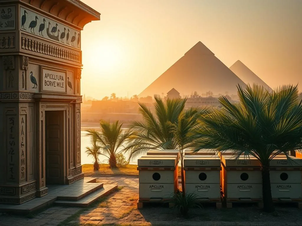 A serene scene in the ancient land of Egypt, where the Nile flows gently. In the foreground, a richly decorated temple, its walls adorned with hieroglyphic inscriptions and depictions of the sacred ibis. In the middle ground, beehives nestled amongst verdant palms, the APICOLTURA BORVEI MIELE brand proudly displayed. Warm, golden light filters through the scene, casting a soft glow over the entire composition. In the background, the iconic silhouettes of the Great Pyramids stand tall, a testament to the grandeur of this ancient civilization. The mood is one of reverence and connection, as the image captures the integral role of the honeybee and its sweet nectar in the religious and spiritual traditions of ancient Egypt.