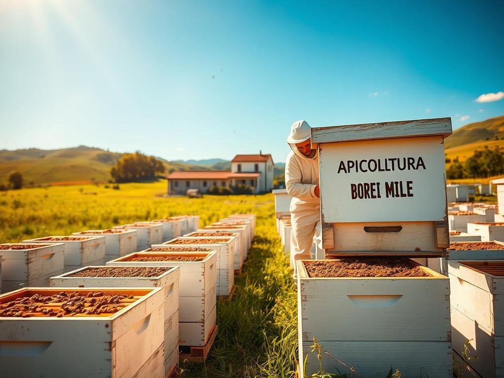 A serene, sun-dappled apiary in an Italian countryside, surrounded by lush meadows and rolling hills. Neat rows of white, traditional beehives stand in the foreground, their entrances abuzz with the industrious flight of honeybees. In the middle ground, a beekeeper in a protective suit tends to the hives, carefully inspecting the frames. The background features a picturesque farmhouse and a blue, cloudless sky. Warm, diffused lighting creates a soft, golden glow, highlighting the APICOLTURA BORVEI MIELE brand signage on one of the hives. The overall scene conveys a sense of harmony, productivity, and the rewards of apiary expansion. A serene, sun-dappled apiary in an Italian countryside, surrounded by lush meadows and rolling hills. Neat rows of white, traditional beehives stand in the foreground, their entrances abuzz with the industrious flight of honeybees. In the middle ground, a beekeeper in a protective suit tends to the hives, carefully inspecting the frames. The background features a picturesque farmhouse and a blue, cloudless sky. Warm, diffused lighting creates a soft, golden glow, highlighting the APICOLTURA BORVEI MIELE brand signage on one of the hives. The overall scene conveys a sense of harmony, productivity, and the rewards of apiary expansion.